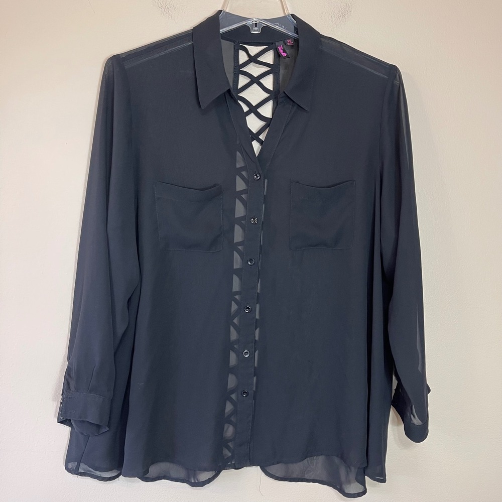 Tattoo Me Black Sheer Chiffon Lace Up Lattice Back Button Down Blouse Plus 3X